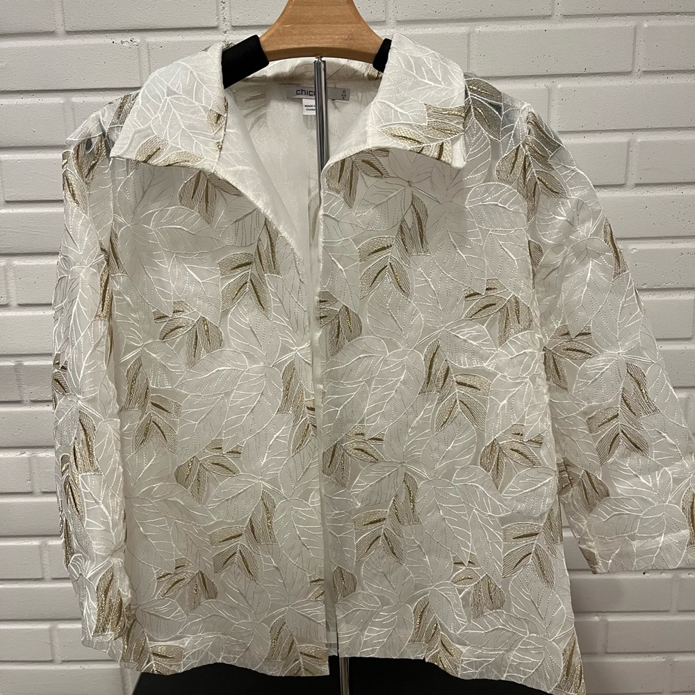 Chico's Sheer Leaf Pattern Jacket in White and Tan